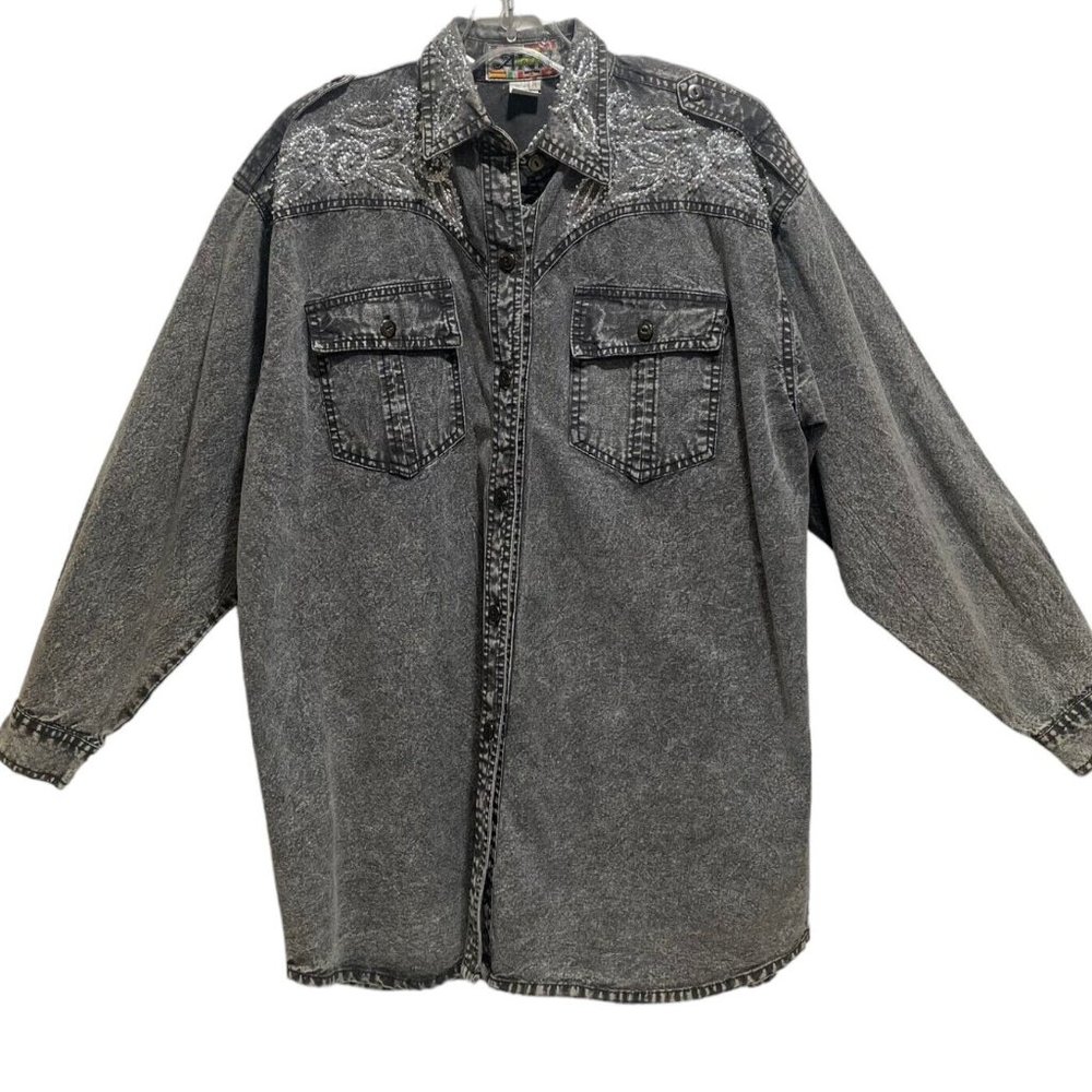 Women's Gray Stonewash Sequence Button Up Front C… - image 1